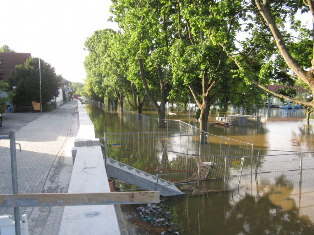 Eine Betonmauer trennt einen trockenen Gehweg von einem überfluteten Bereich mit Bäumen und Bauzäunen.
