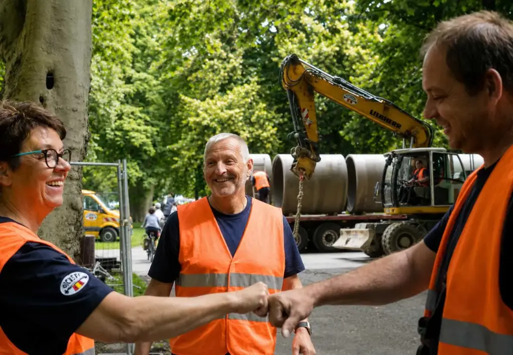 Eine Frau und ein Mann in Warnwesten geben sich auf der Baustelle einen Faustgruß, während ein weiterer Mann daneben lächelt.
