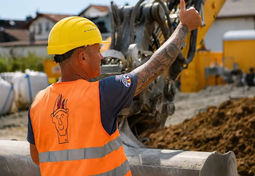 Ein Bauarbeiter mit gelbem Schutzhelm und orangefarbener Warnweste hält neben einem Bagger den Daumen nach oben.