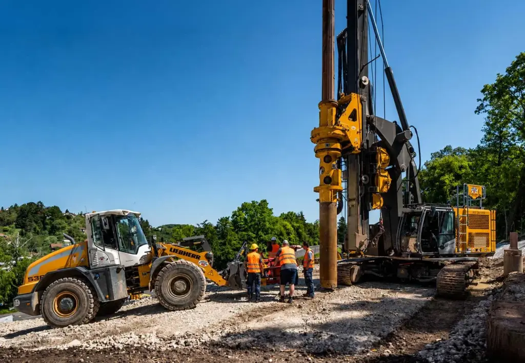 verschiedene Baugeräte und Arbeitende auf einer Baustelle