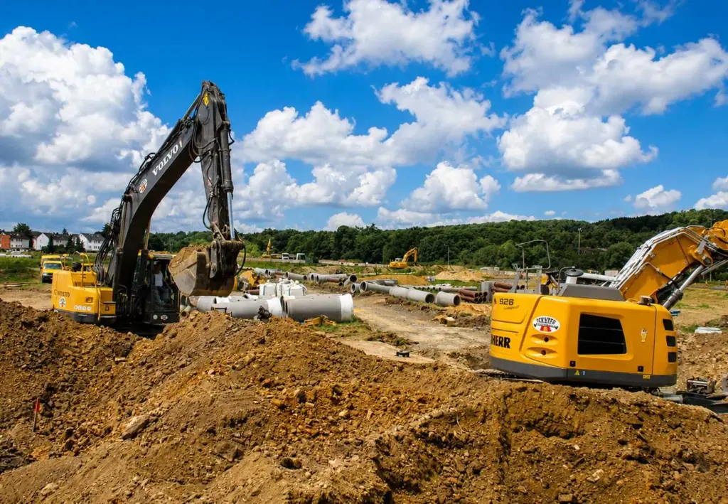 Bagger und Kanalrohre auf einer großflächigen Tiefbaustelle