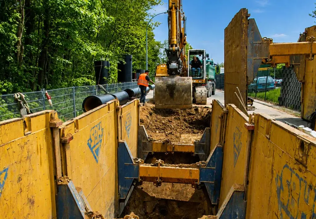 Bagger hebt einen mit Verbauplatten gesicherten Rohrgraben aus