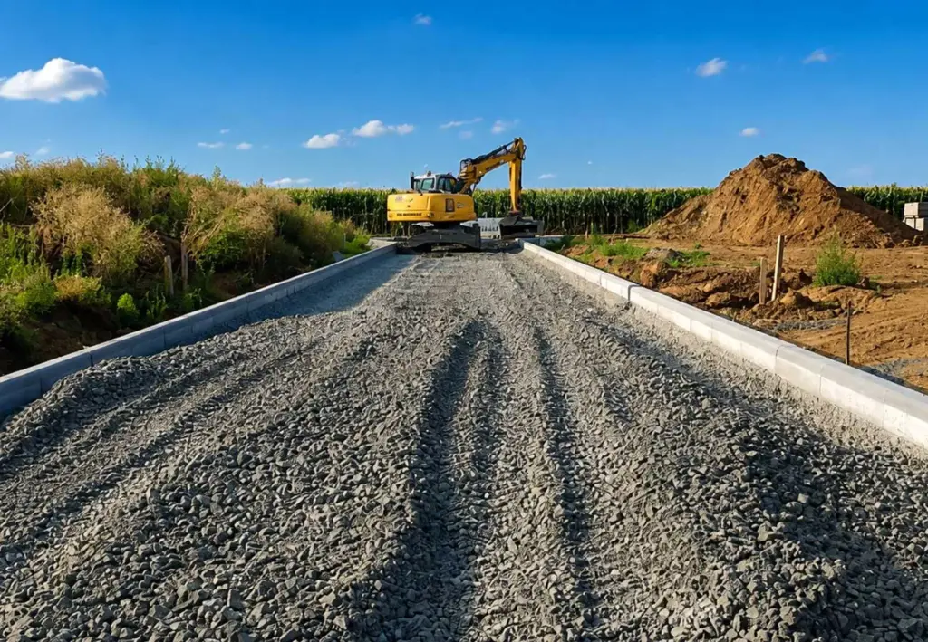 Bagger bei Straßenbauarbeiten auf einem vorbereiteten Schotterbett