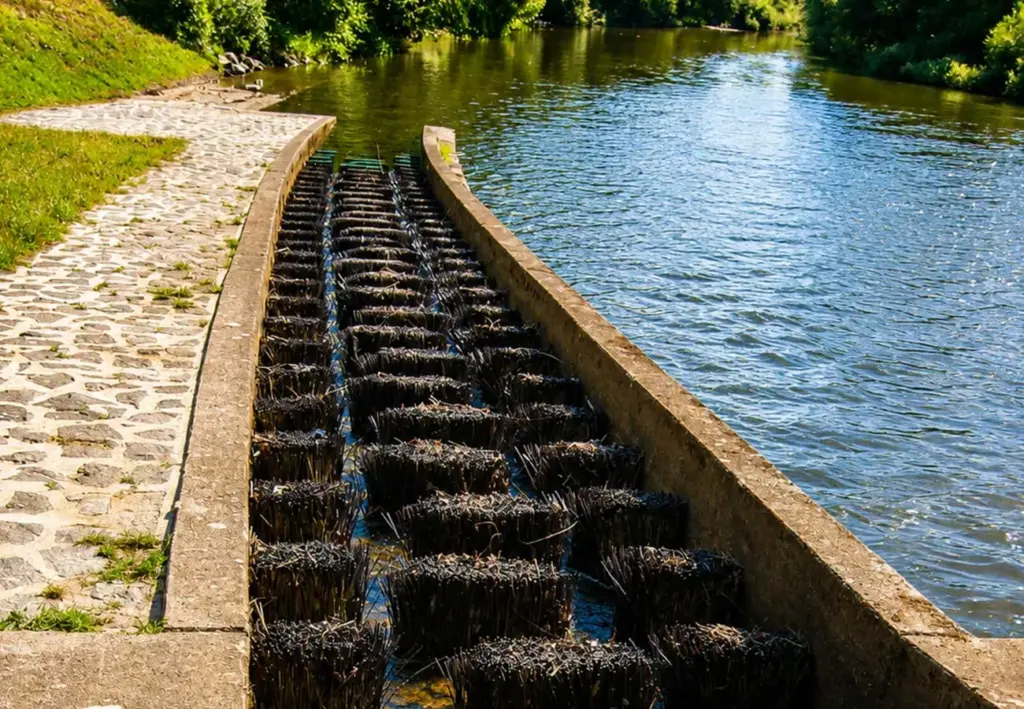 Naturnah gestaltete Fischtreppe mit Reisigbündeln neben einem Fluss